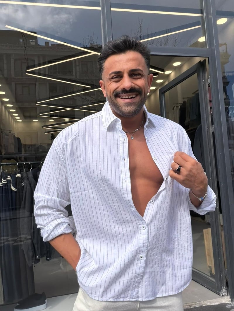 Giesto Çizgili Viscon Keten Gömlek Beyaz