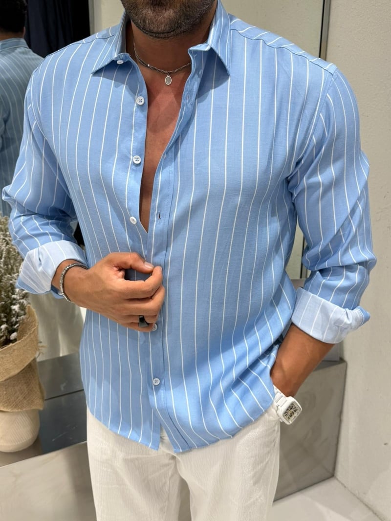 Modal Çizgili Gömlek Mavi