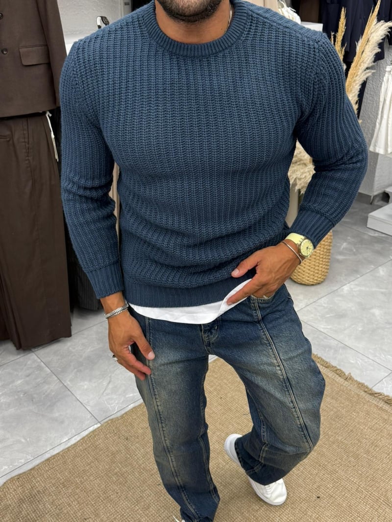 Örme Kazak İndigo Mavi