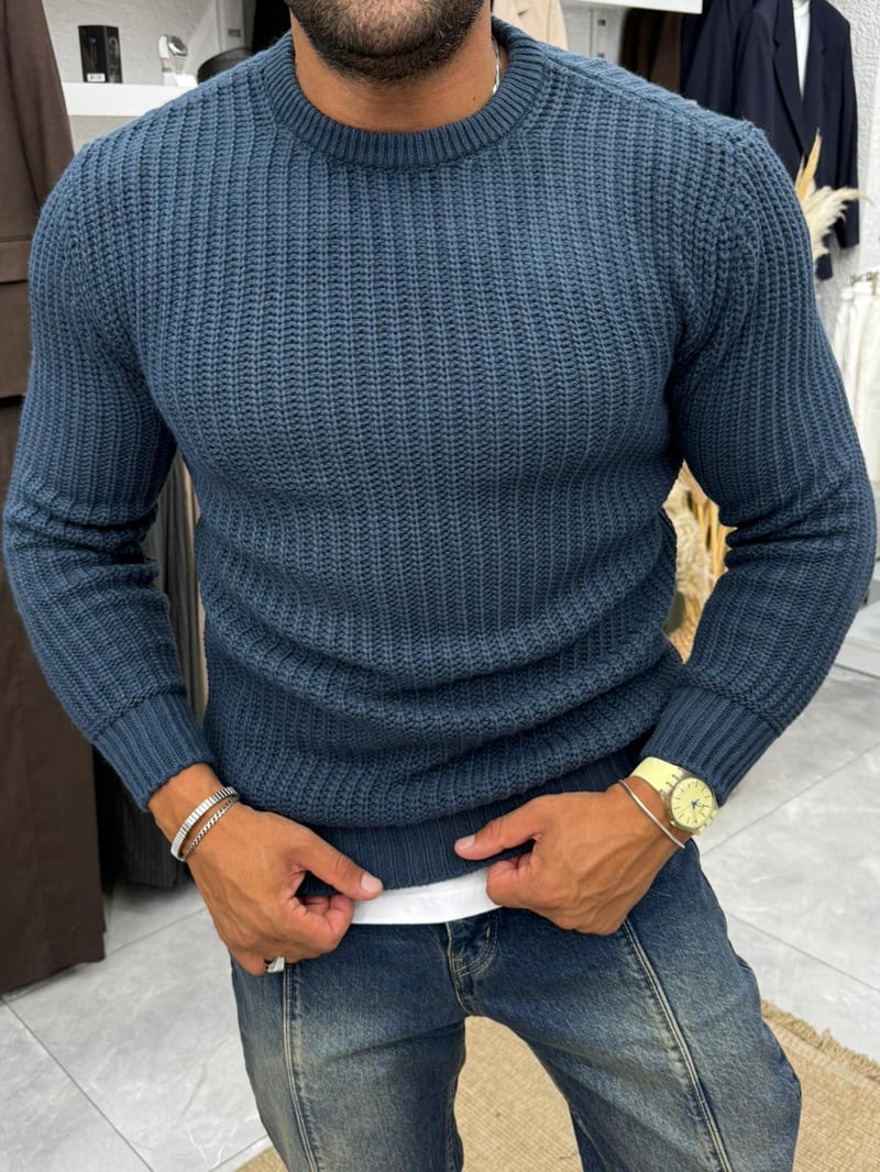 Örme Kazak İndigo Mavi