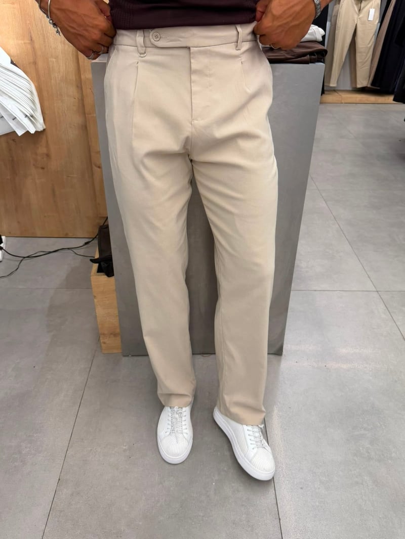Tek Pile Detaylı Kumaş Pantolon Bej