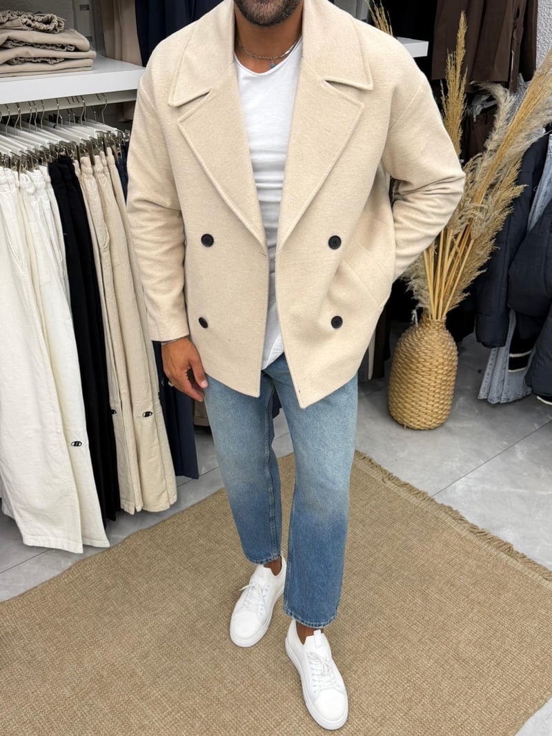 Yarım Oversize Kaşe Kaban Bej