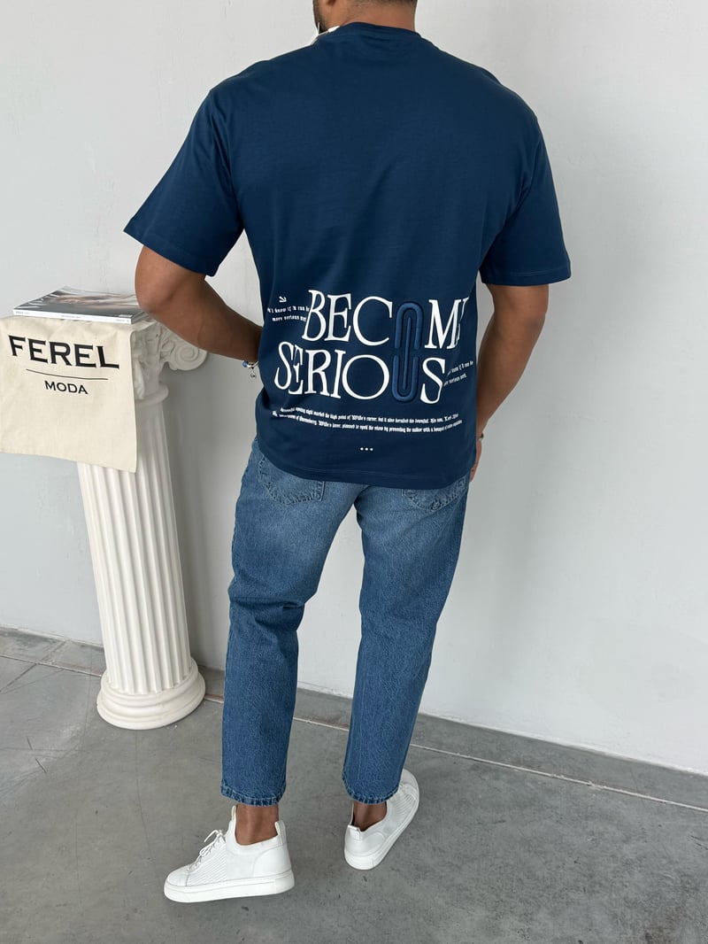 Yep Premium Kalite Nakış Baskı Detay T-Shirt Mavi