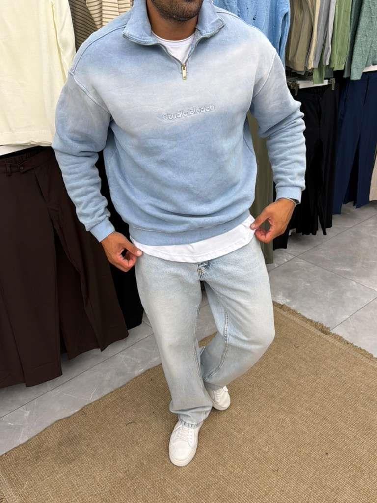 Yıkamalı Sweatshirt Mavi