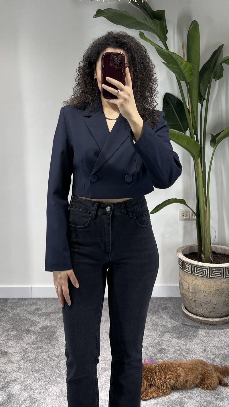 Lacivert Crop Blazer Ceket
