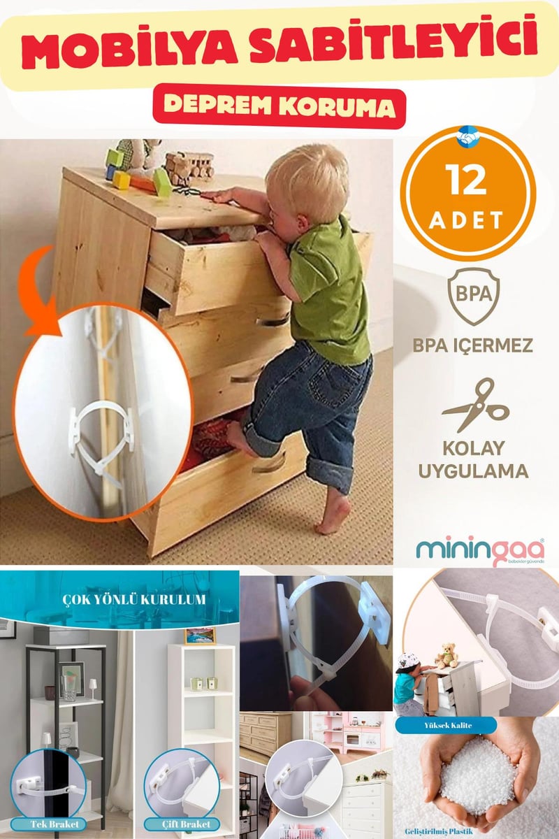 12 Adet Kolay Montaj Deprem Güvenlik Mobilya Dolap Düşme Engelleme Mobilya Sabitleme Bebek Güvenlik