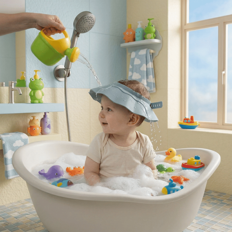40-55 cm Bebek Banyo Şapkası Duş Başlığı Ayarlanabilir Düğmeli Çocuk Küvet Göze Su Kaçırmayan Başlık