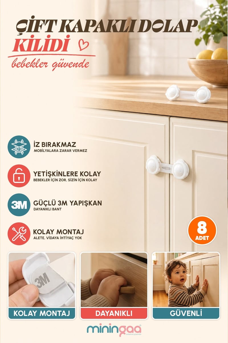 Miningaa Çift Kapaklı Dolap Kilidi (Esnek Silikon) – Bebek Çocuk Güvenlik Kilidi
