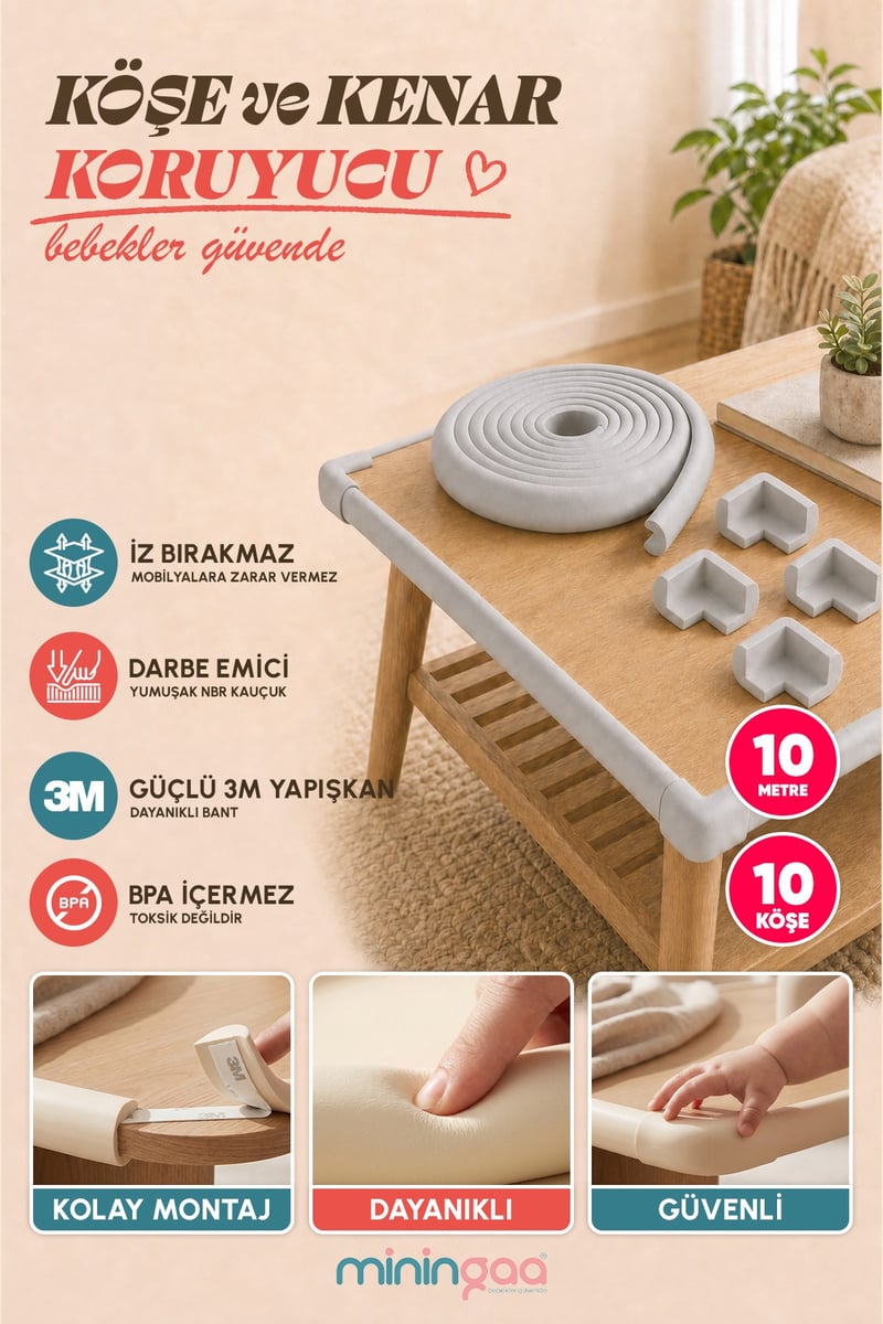 Miningaa Köşe & Kenar Koruyucu Set (İnce Kauçuk) – Bebek Mobilya Kenar Koruyucu