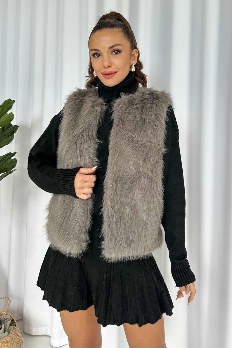 Astarlı Peluş Kürk Yelek - Gri