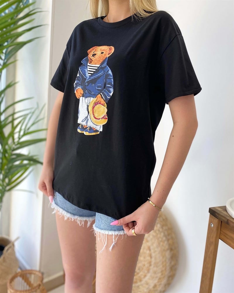 Ayıcık Baskılı Kısa Kol T-Shirt - Siyah