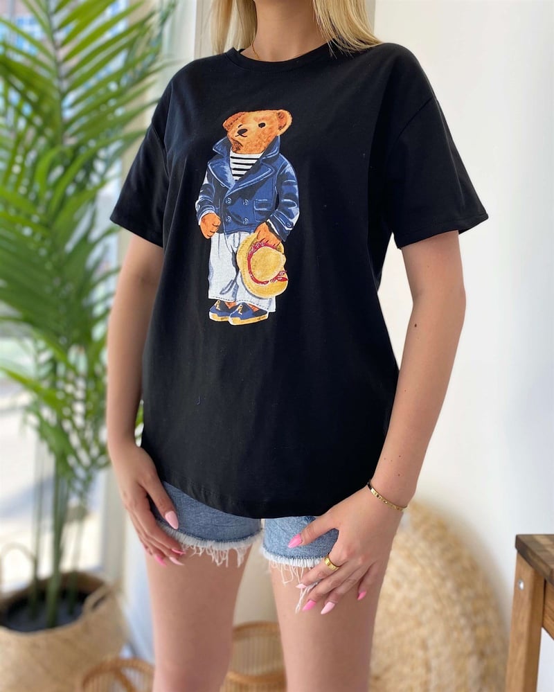 Ayıcık Baskılı Kısa Kol T-Shirt - Siyah