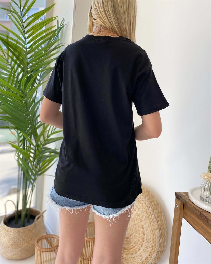 Ayıcık Baskılı Kısa Kol T-Shirt - Siyah