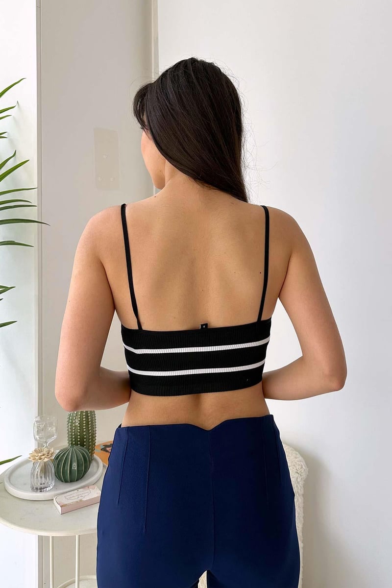 İnce Askılı Kadın Çizgili Crop - Siyah