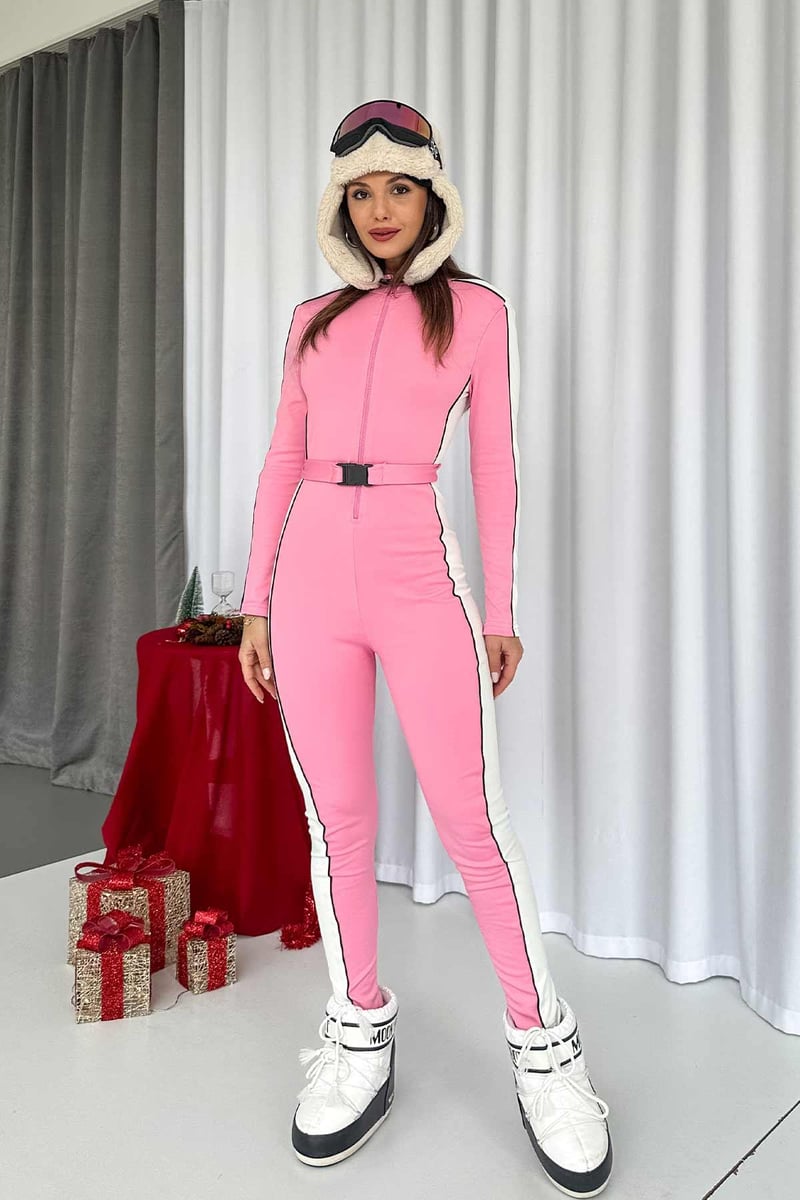 Kadın Şerit Detaylı Kendinden Kemerli Kayak Tulum - Pembe