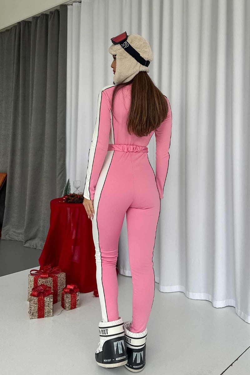 Kadın Şerit Detaylı Kendinden Kemerli Kayak Tulum - Pembe