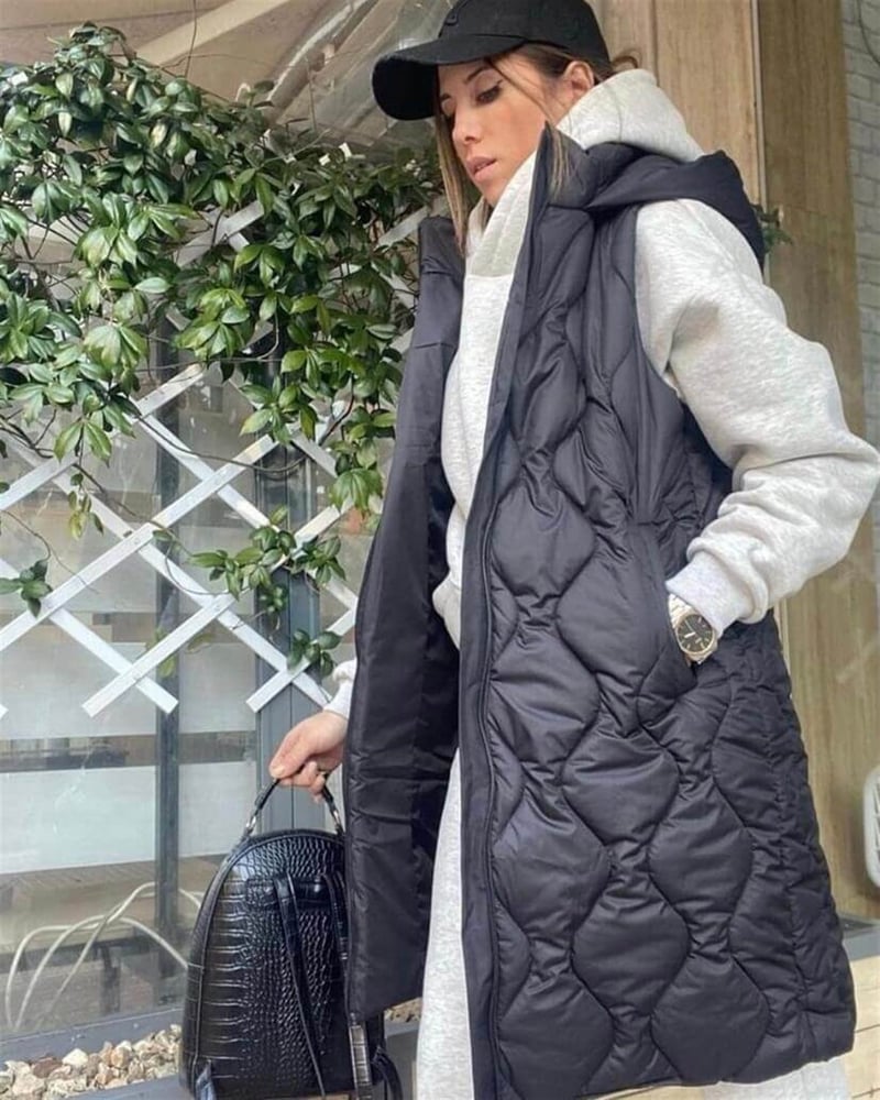 Kapüşonlu Uzun Siyah Şişme Yelek