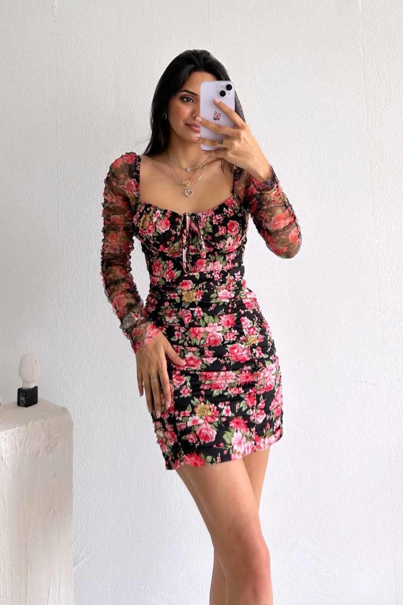 Kolları Tül Çiçek Drape Elbise