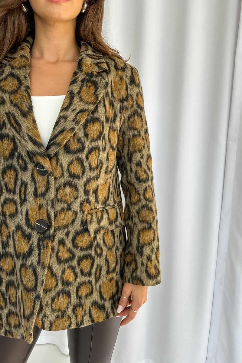 Leopar Desen Blazer Ceket - Kahverengi