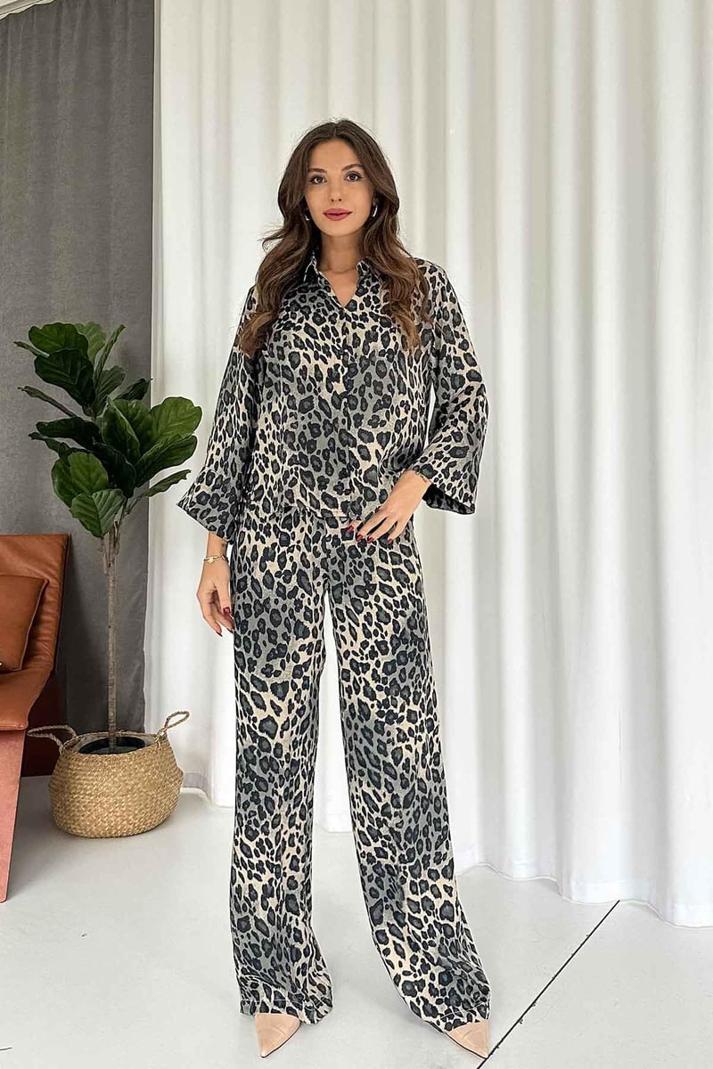 Leopar Gömlek Pantolon Takım - Antrasit