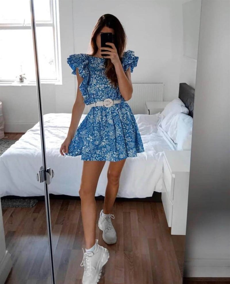 Mavi Fırfır Çiçekli Elbise
