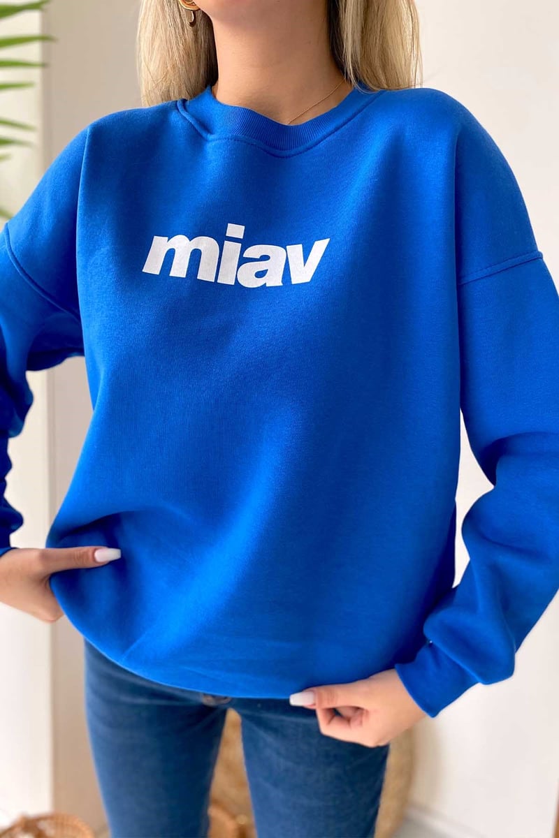 Miav Baskılı Bisiklet Yaka Sweatshirt - Mavi
