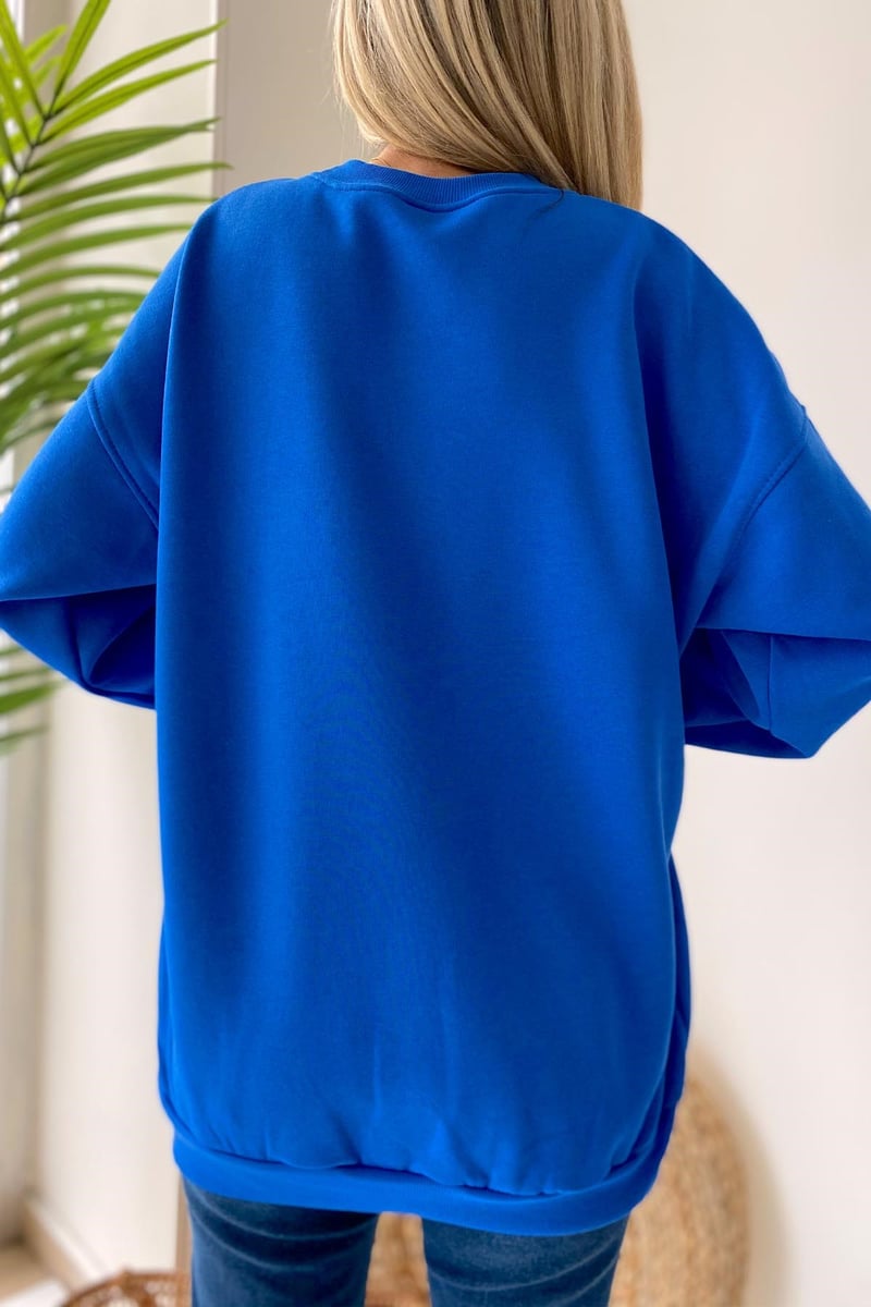 Miav Baskılı Bisiklet Yaka Sweatshirt - Mavi