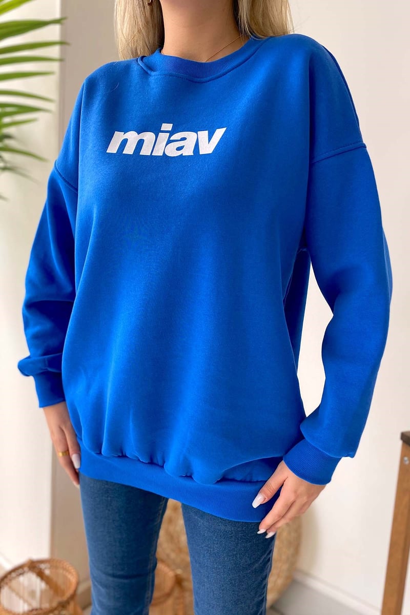 Miav Baskılı Bisiklet Yaka Sweatshirt - Mavi