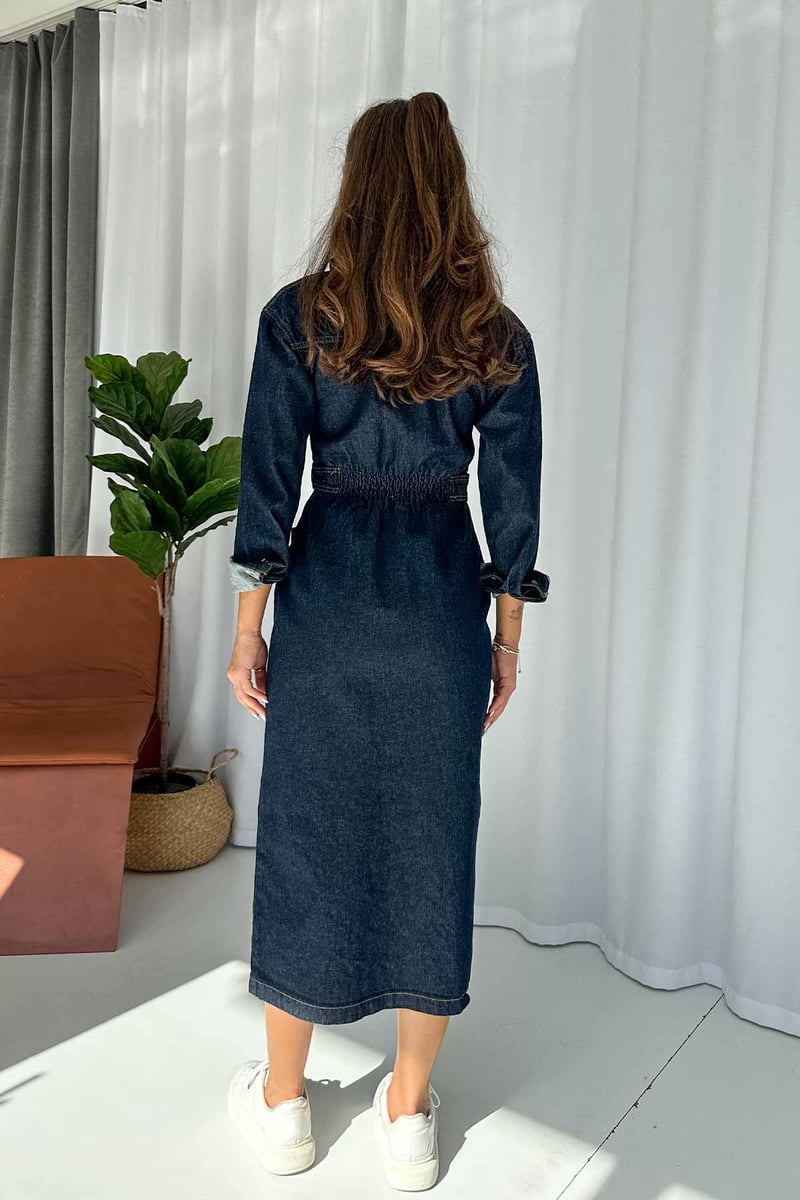 Uzun Kollu Fermuarlı Beli Gipeli Denim Elbise - Lacivert
