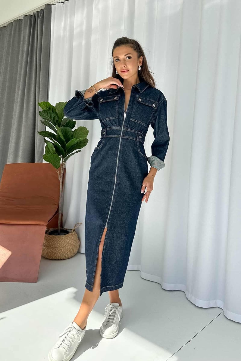 Uzun Kollu Fermuarlı Beli Gipeli Denim Elbise - Lacivert