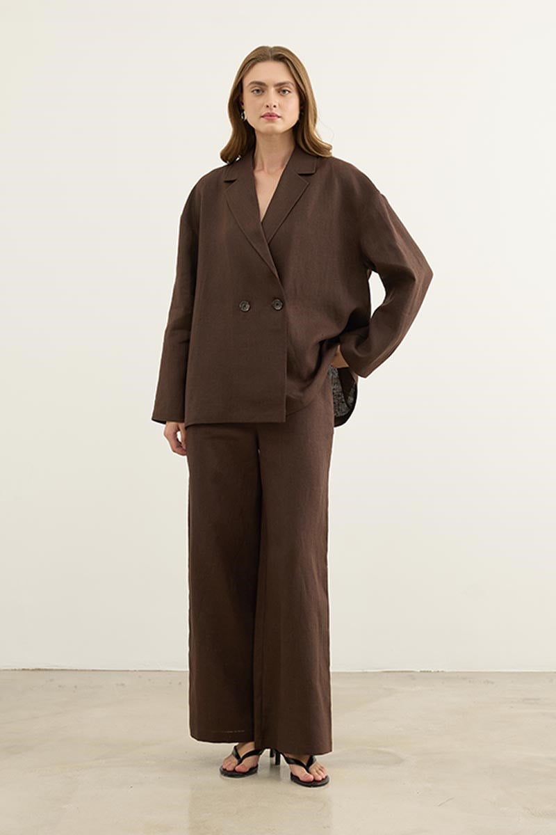 %100 Keten Blazer Pantolon Takım Acı kahve