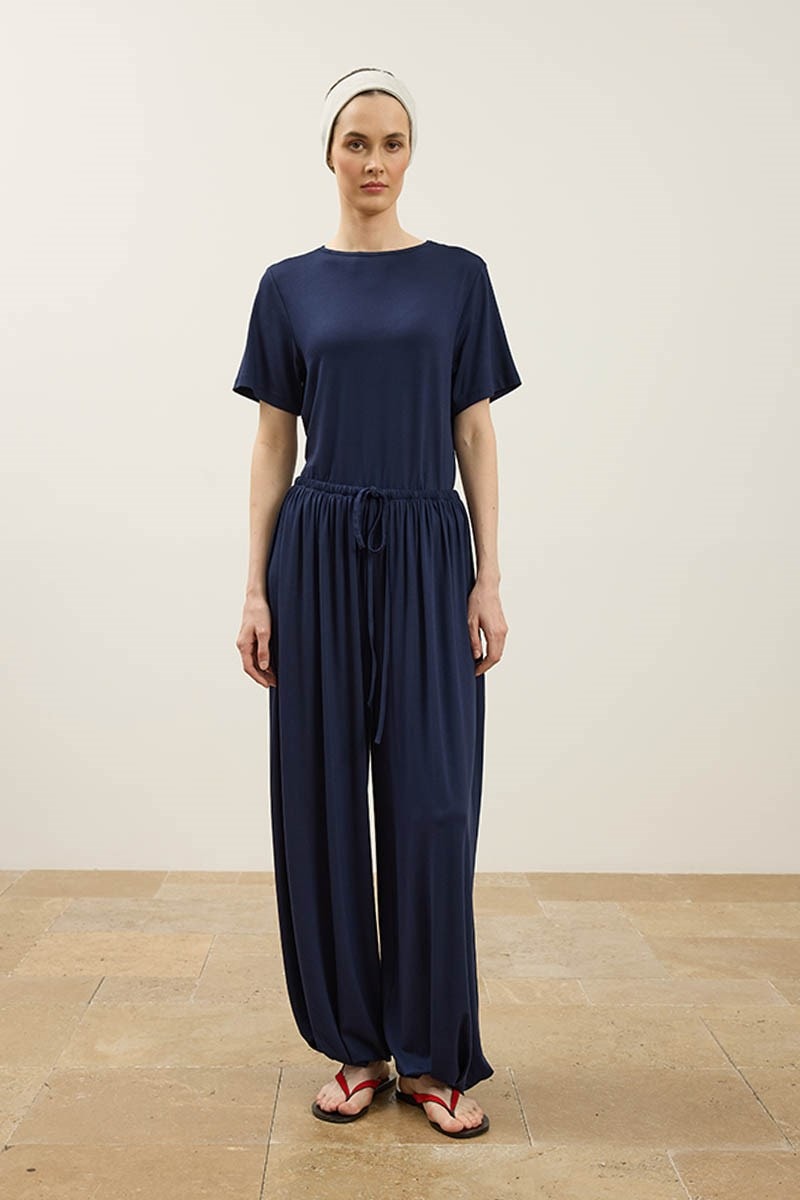Ayarlanabilir Paça Viskon Şalvar Pantolon Lacivert