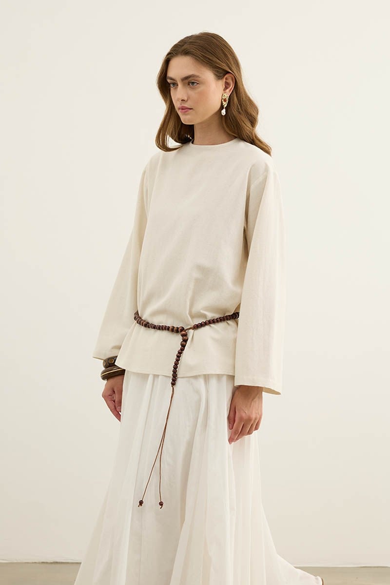 Bisiklet Yaka Basic Keten Bluz Naturel