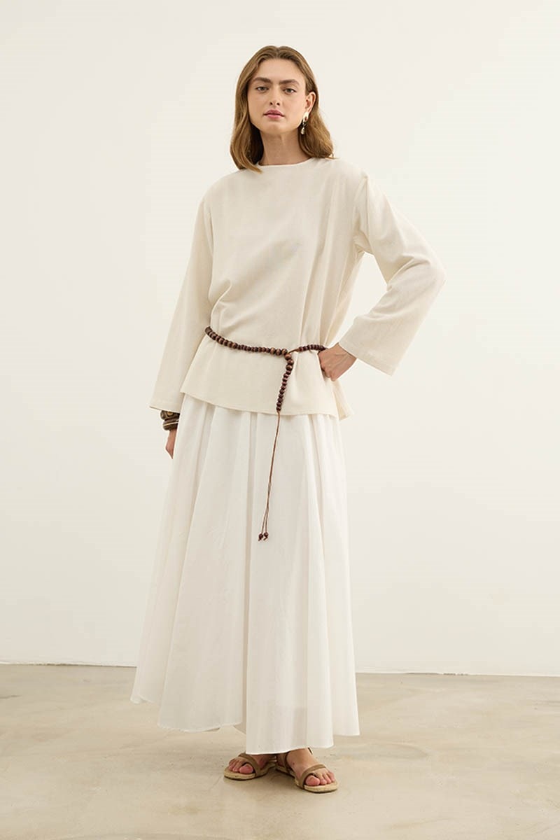 Bisiklet Yaka Basic Keten Bluz Naturel