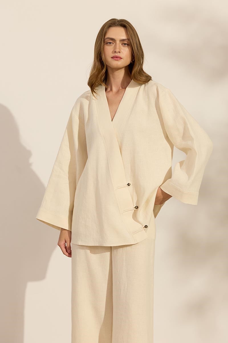 Britli %100 Keten Kimono Kırık Beyaz