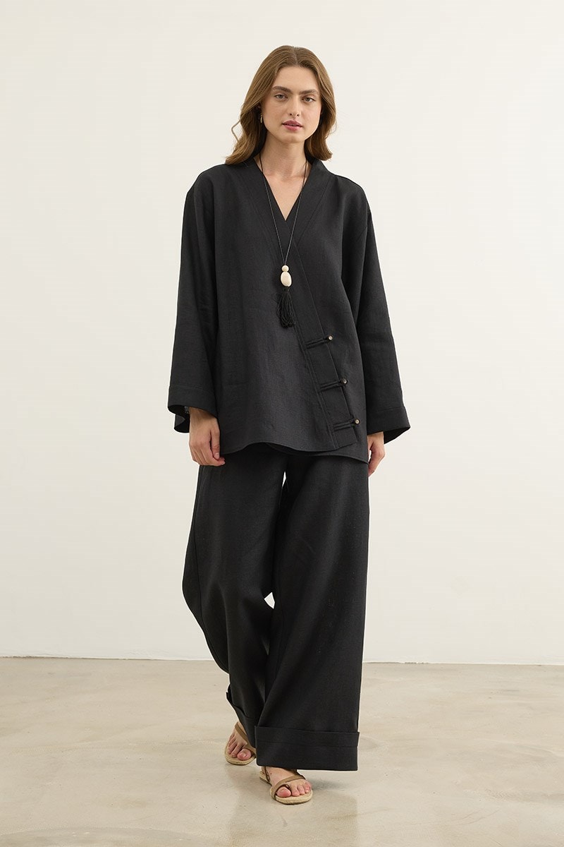 Britli %100 Keten Kimono Siyah