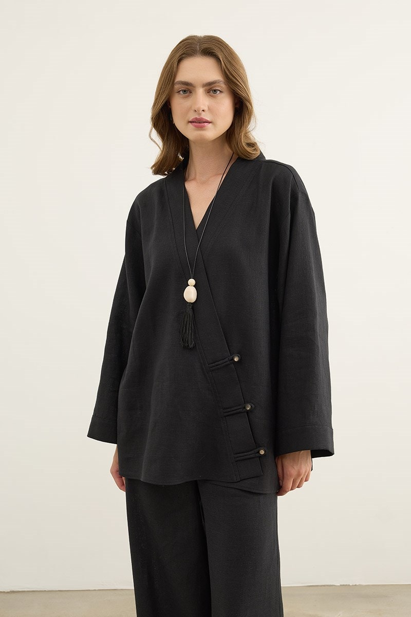 Britli %100 Keten Kimono Siyah