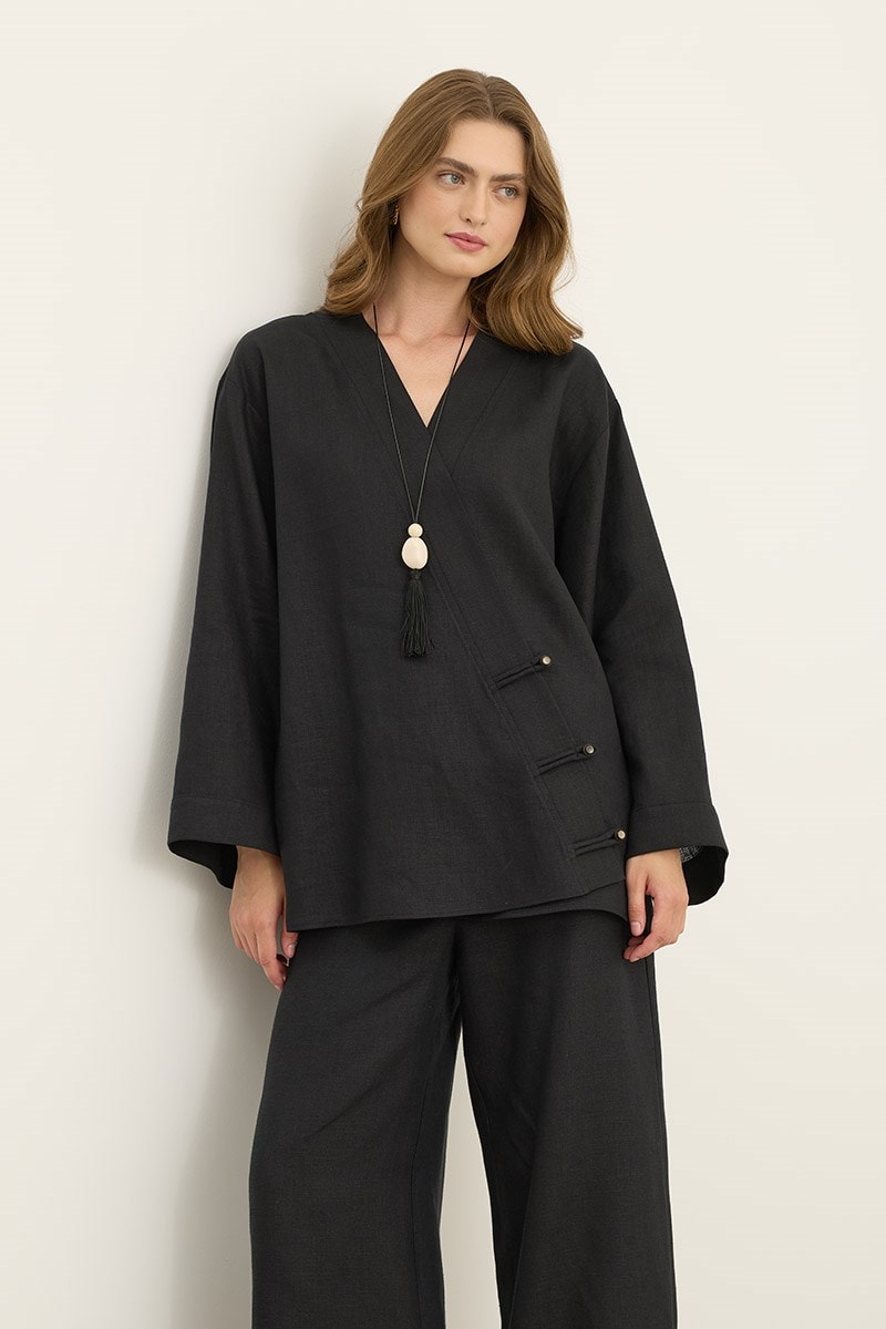 Britli %100 Keten Kimono Siyah