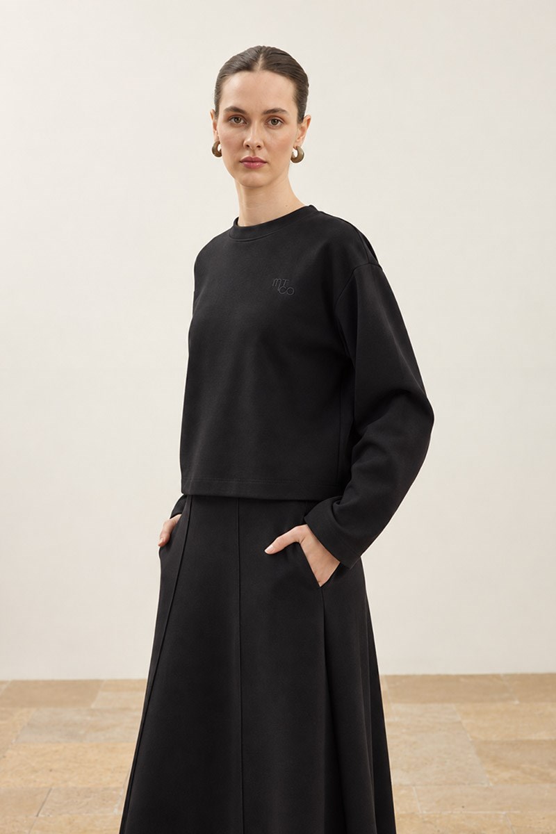 Çan Kesim Etekli Sweatshirt Takım Siyah