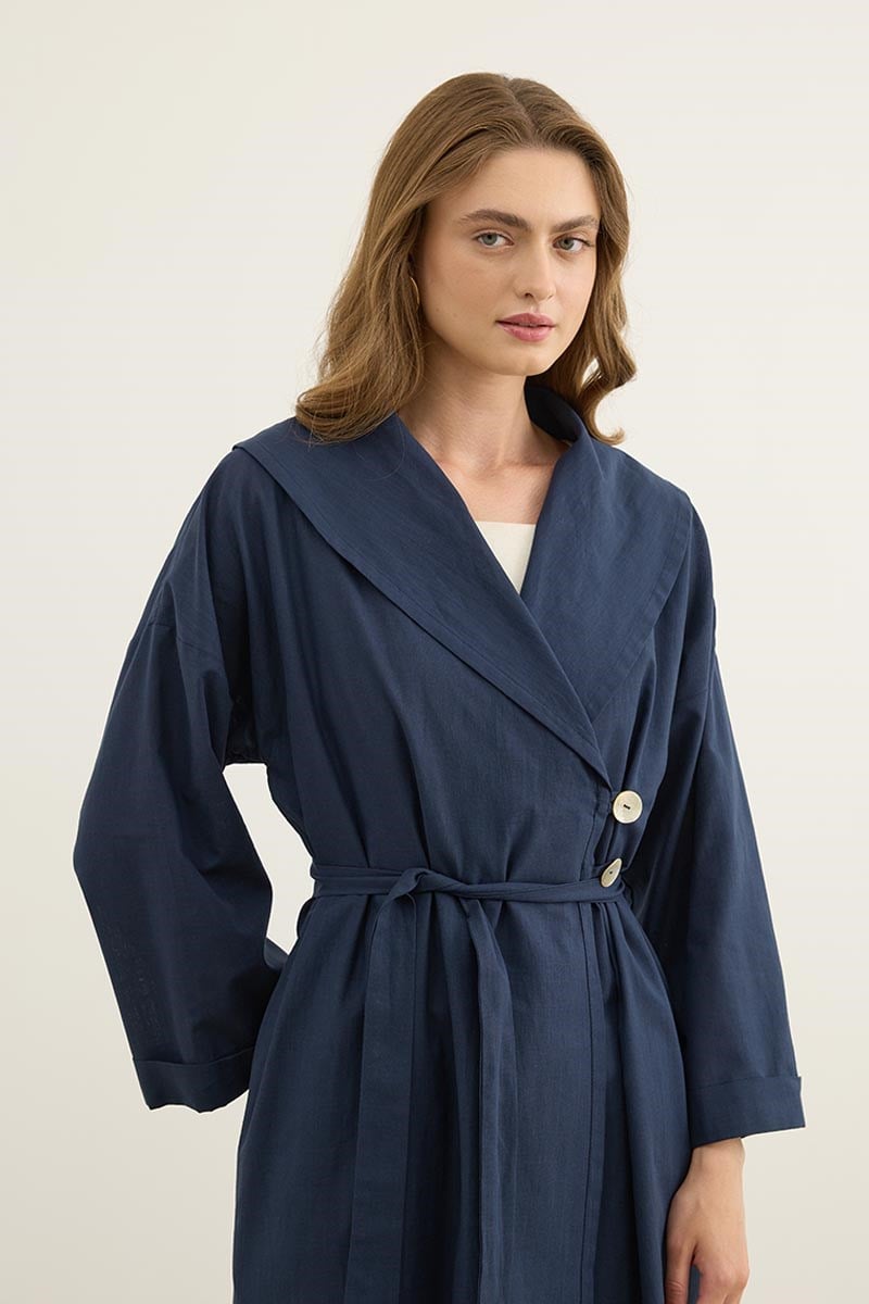 Çift Düğmeli %100 Pamuk Kaftan Lacivert