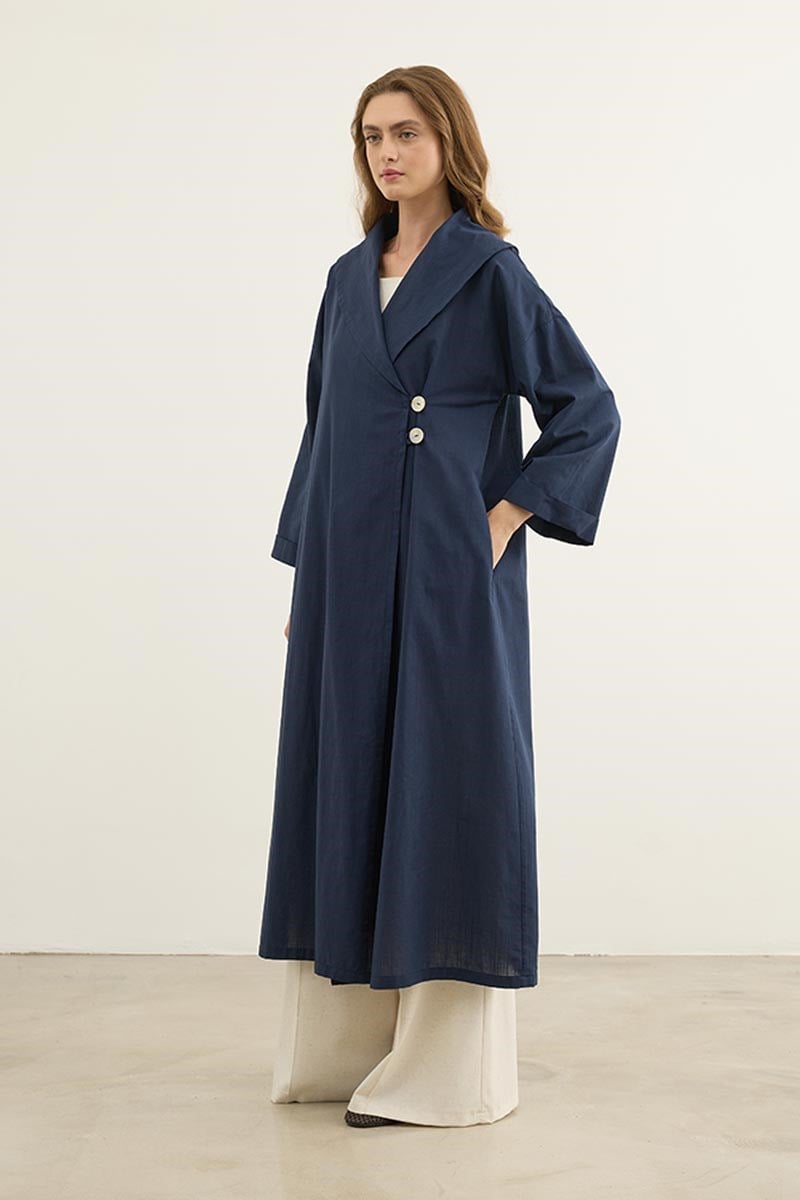 Çift Düğmeli %100 Pamuk Kaftan Lacivert