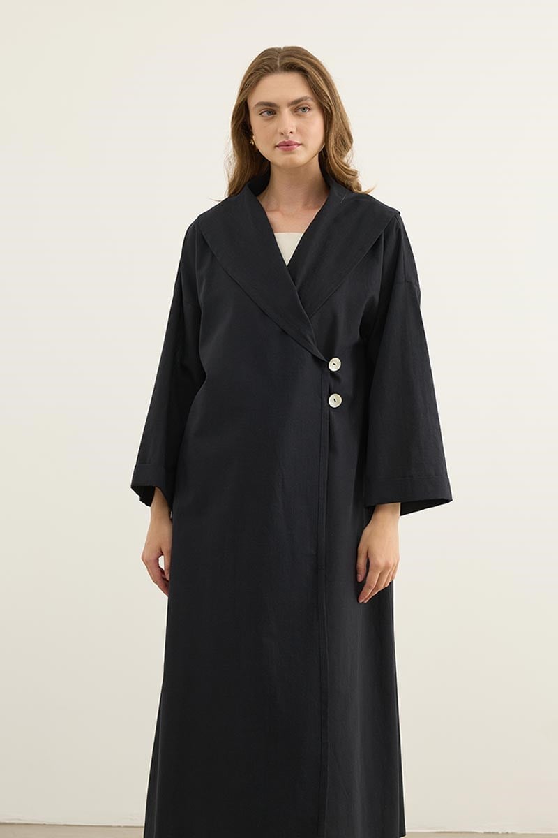 Çift Düğmeli %100 Pamuk Kaftan Siyah