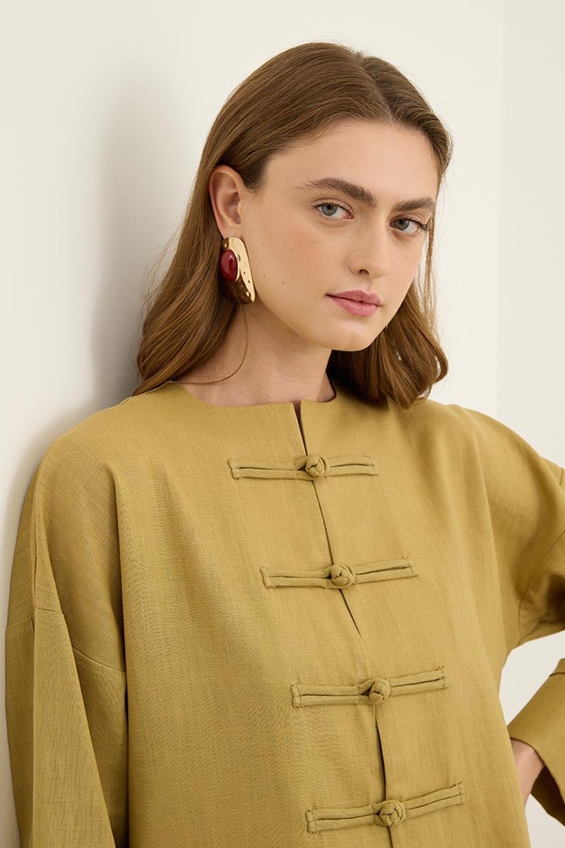 Çin Düğmeli Keten Kimono Yağ Yeşili