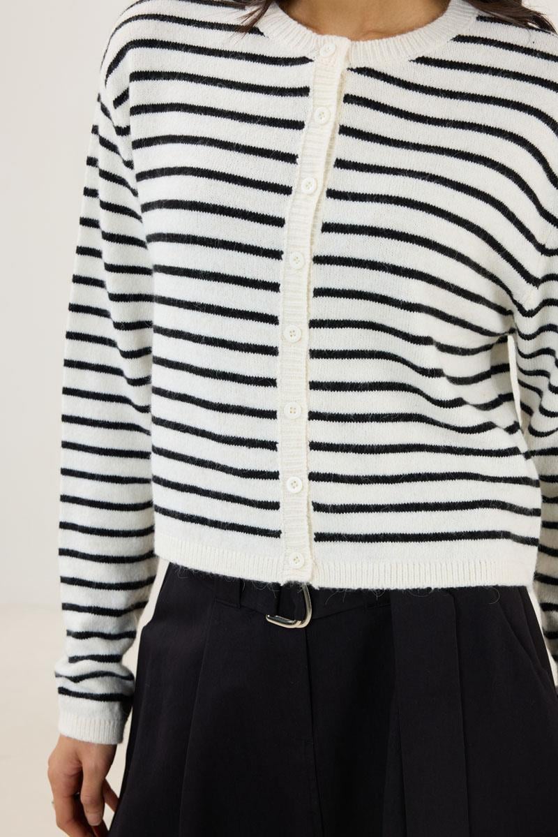 Çizgili İnce Triko Hırka Beyaz