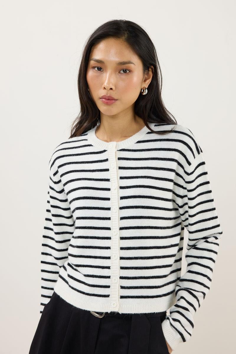 Çizgili İnce Triko Hırka Beyaz