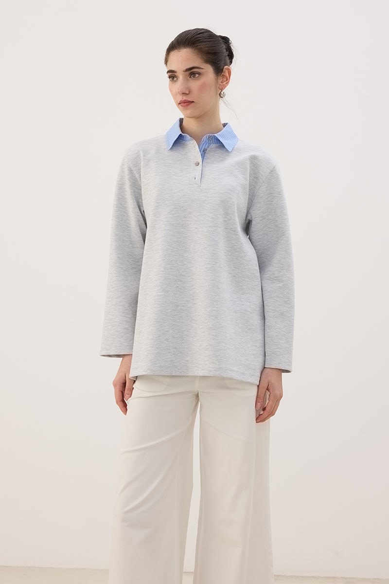 Çizgili Polo Yaka Sweatshirt Gri melanj