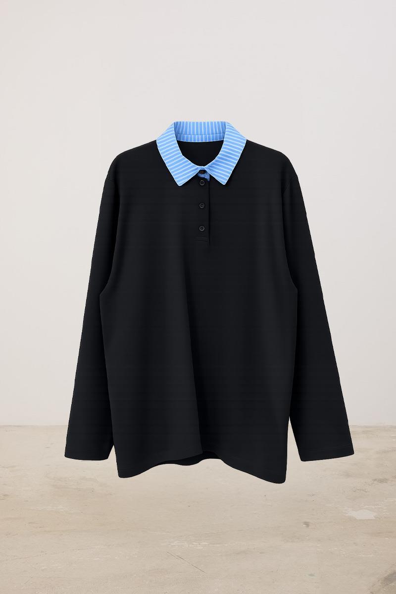 Çizgili Polo Yaka Sweatshirt Siyah