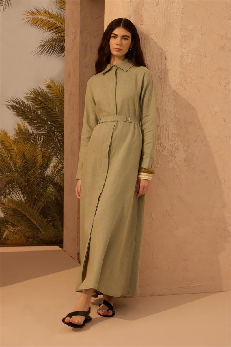 D tokalı %100 Keten Elbise Çağla