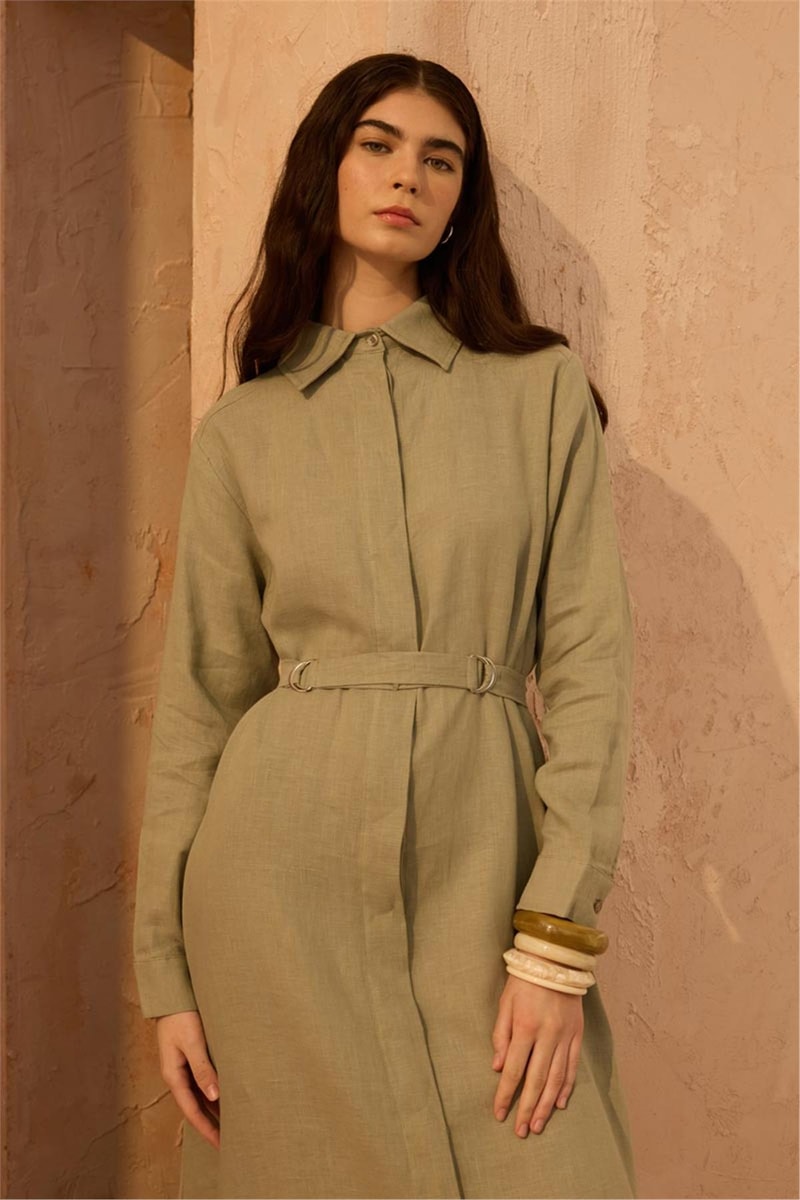 D tokalı %100 Keten Elbise Çağla