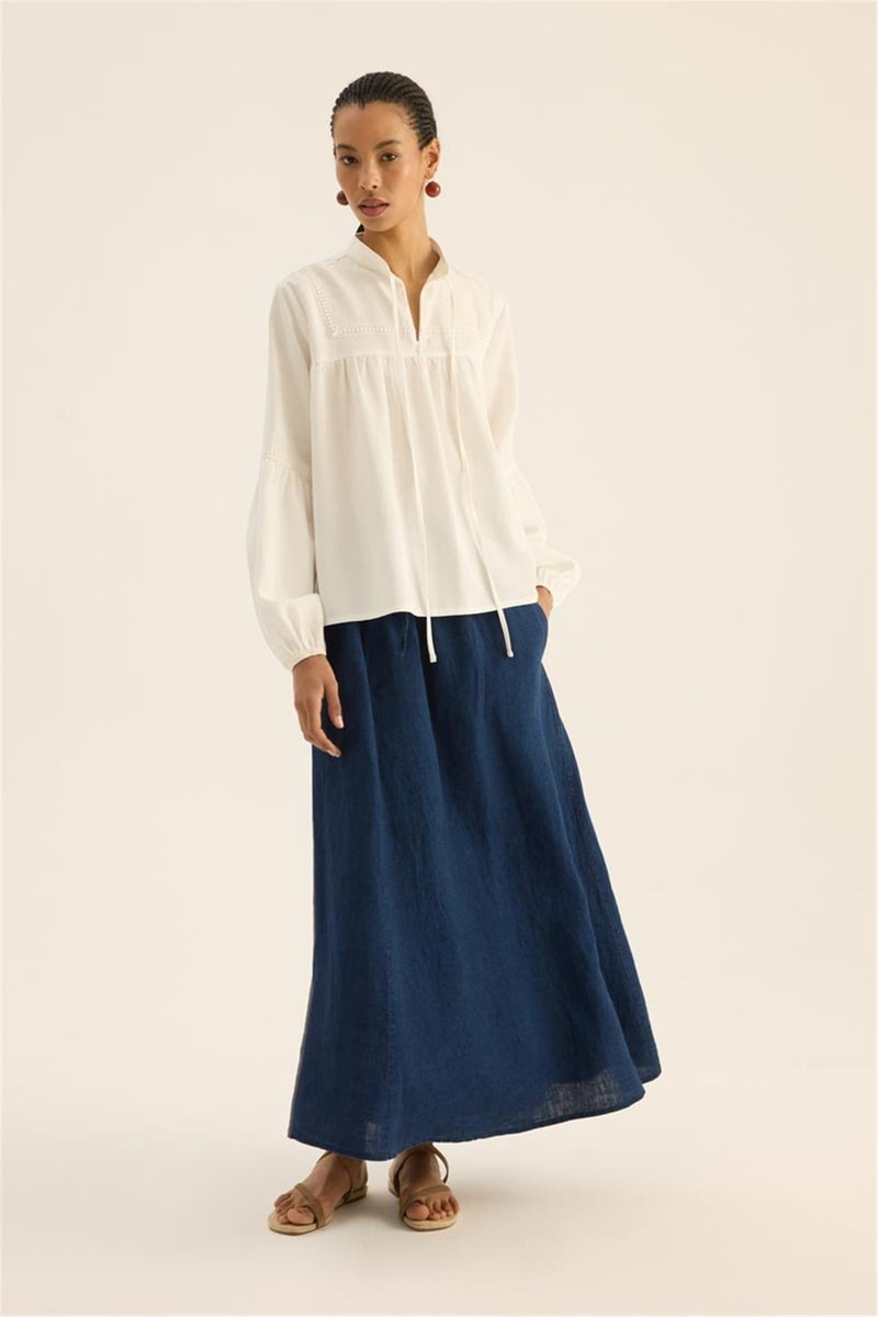 Dantel Ara Şeritli Bluz Ekru